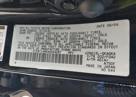 2004 Toyota 4Runner Sr5 V8 from USA, damaged, VIN JTEBT14R640044097